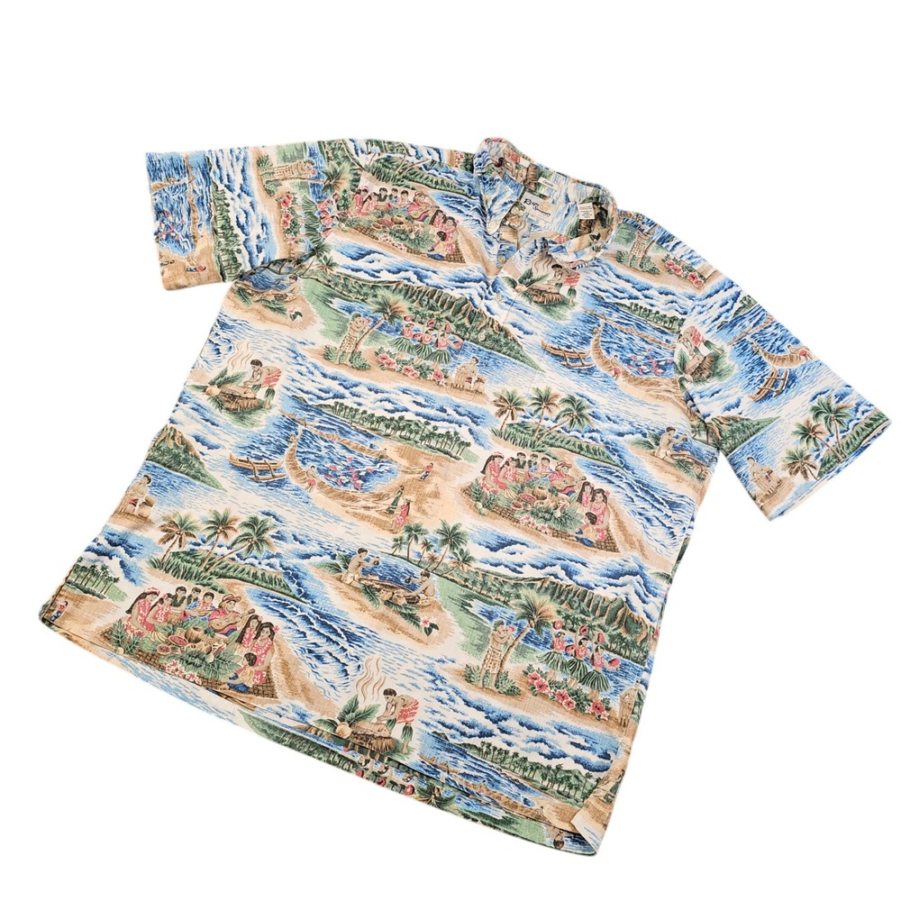 Reyn Spooner Limited Issue Hawaiian Shirt XL Classic Fit Scenic Print Blue Tan